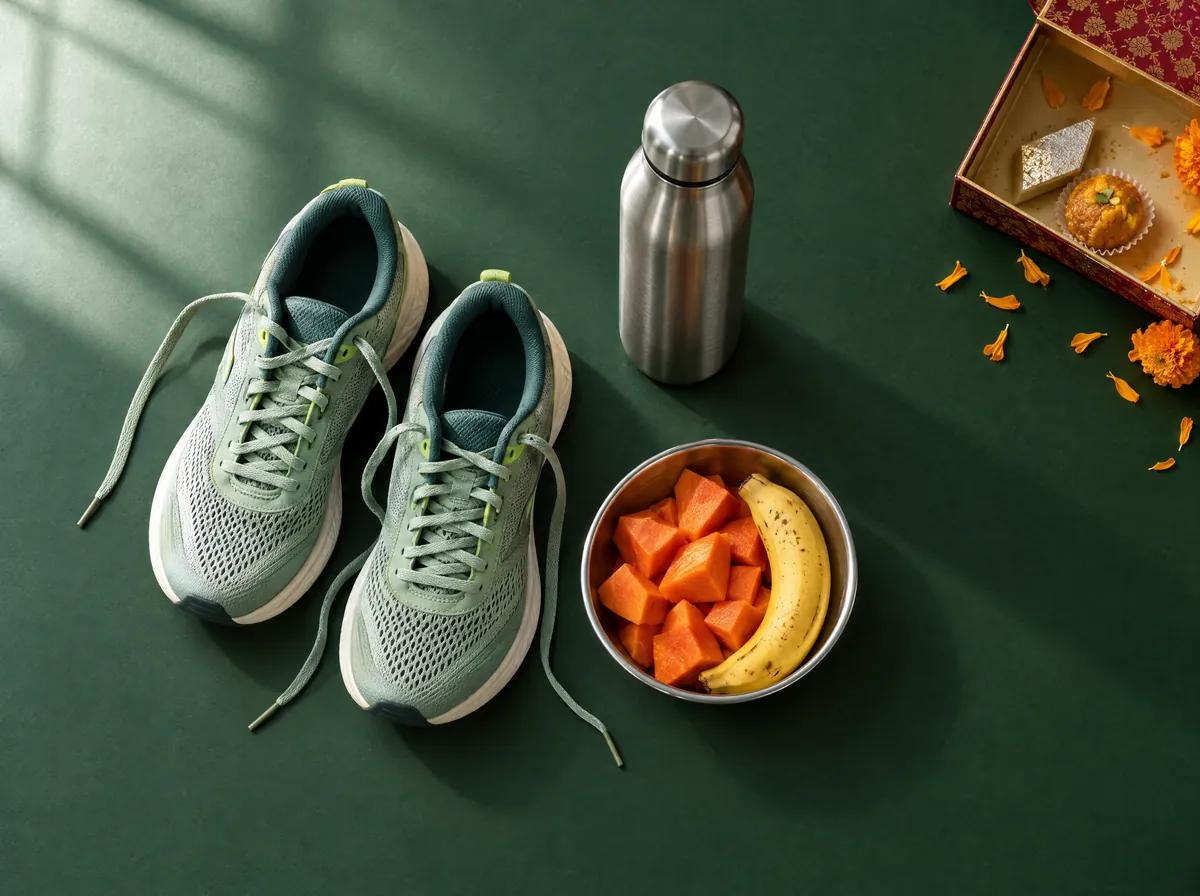 Running shoes, a water bottle and a bowl of papaya and banana in morning light, with last night's box of sweets pushed to the side
