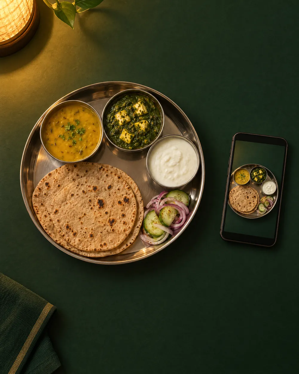 A home dinner thali of roti, dal, palak paneer, curd and salad, with a phone showing a photo of the same thali