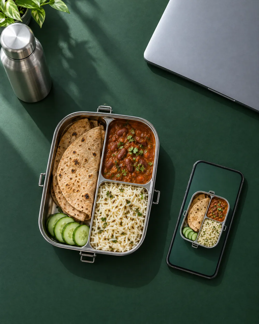 An office lunch tiffin of roti, rajma and jeera rice next to a laptop, with a phone showing a photo of the same tiffin