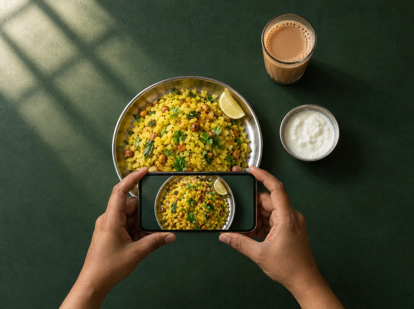 Hands holding a phone over a breakfast of poha, curd and chai, taking a photo of the plate