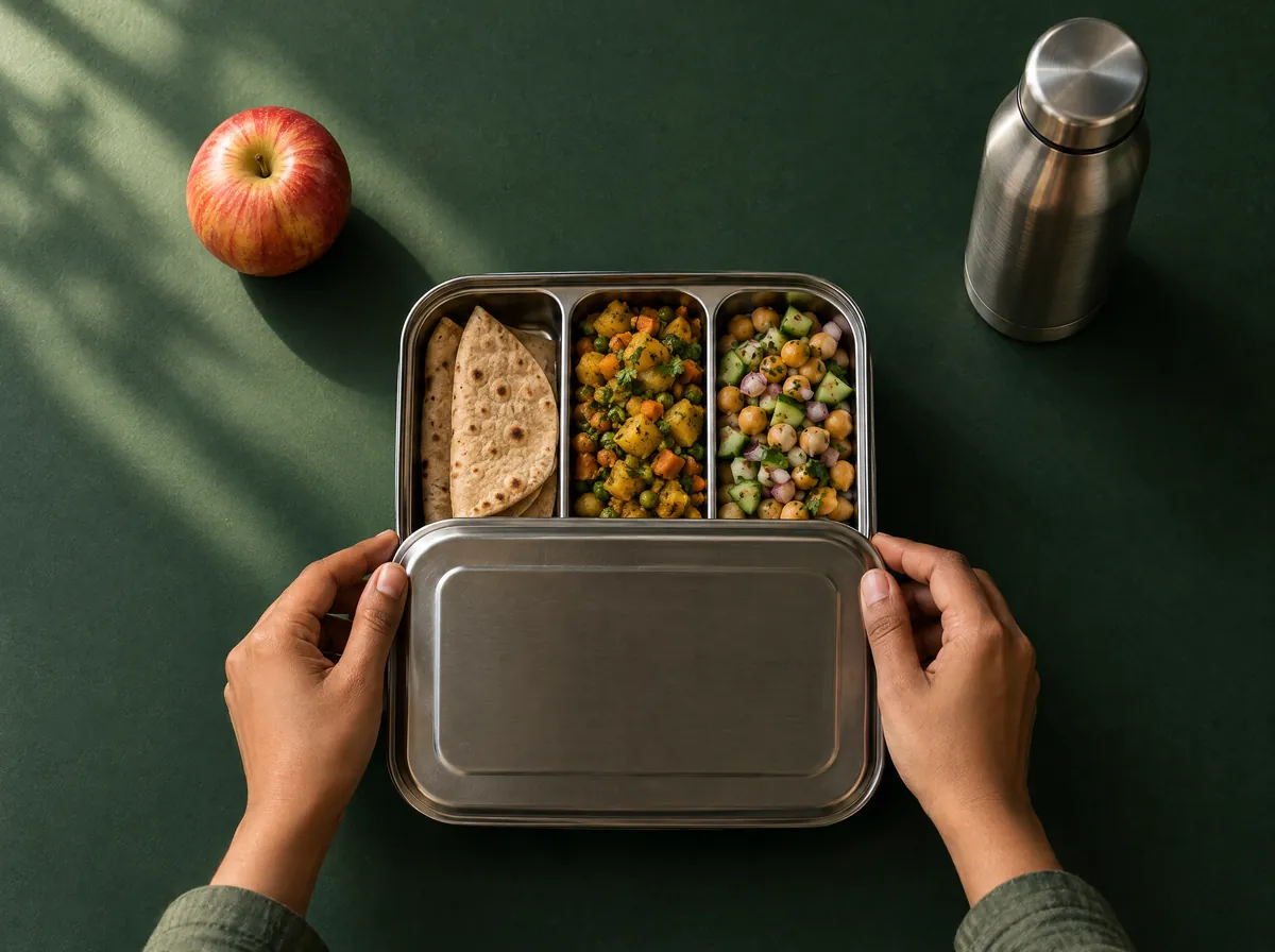 Hands closing a neatly packed steel lunch box of roti, sabzi and chana salad, with an apple and a water bottle