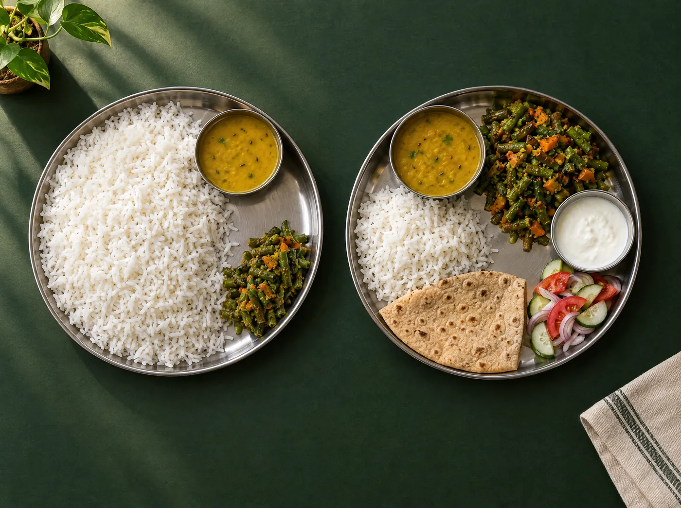 Two steel thalis with the same Indian meal: one heaped with rice, the other rebalanced with less rice and more dal, sabzi, curd, roti and salad